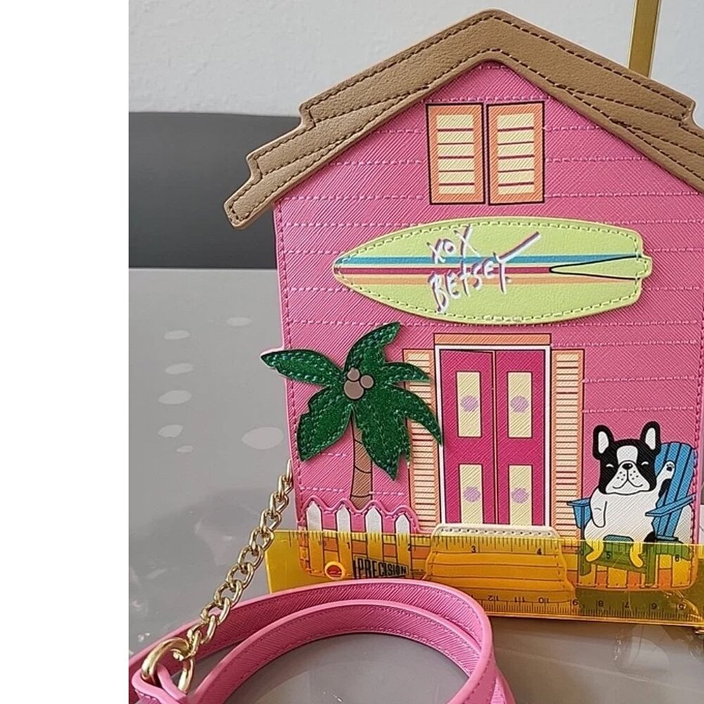 Betsey Johnson Dog Beach House Frenchie pink Crossbody Bag XO BEACH New no tag - Picture 8 of 9
